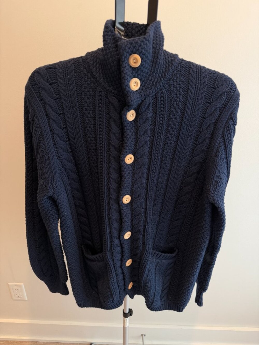 J. Crew Cable Knit Button Up Cardigan Sweater Navy Blue (Medium) - Picture 2 of 5